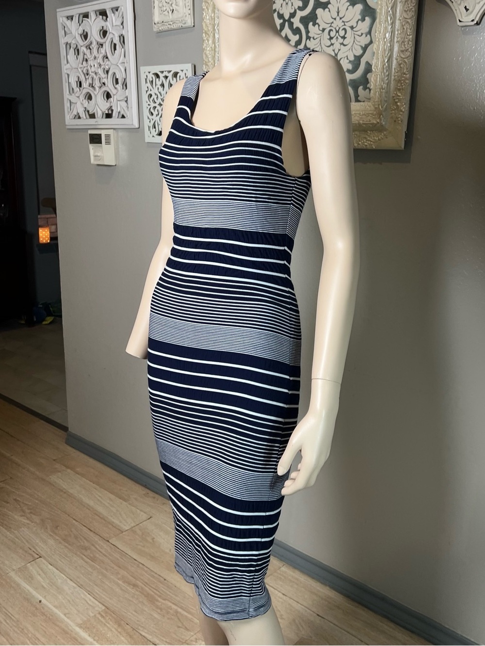 Maeve Sleeveless Navy & White Striped Bodycon Dress